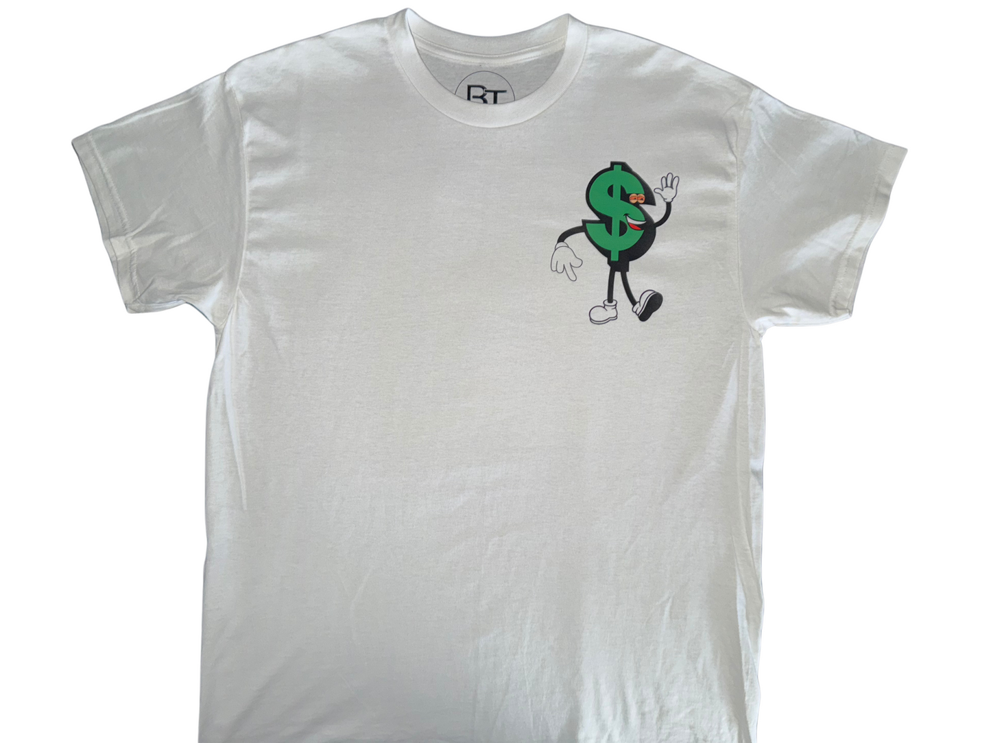 White custom money graphic t-shirt featuring a playful dollar sign cartoon design