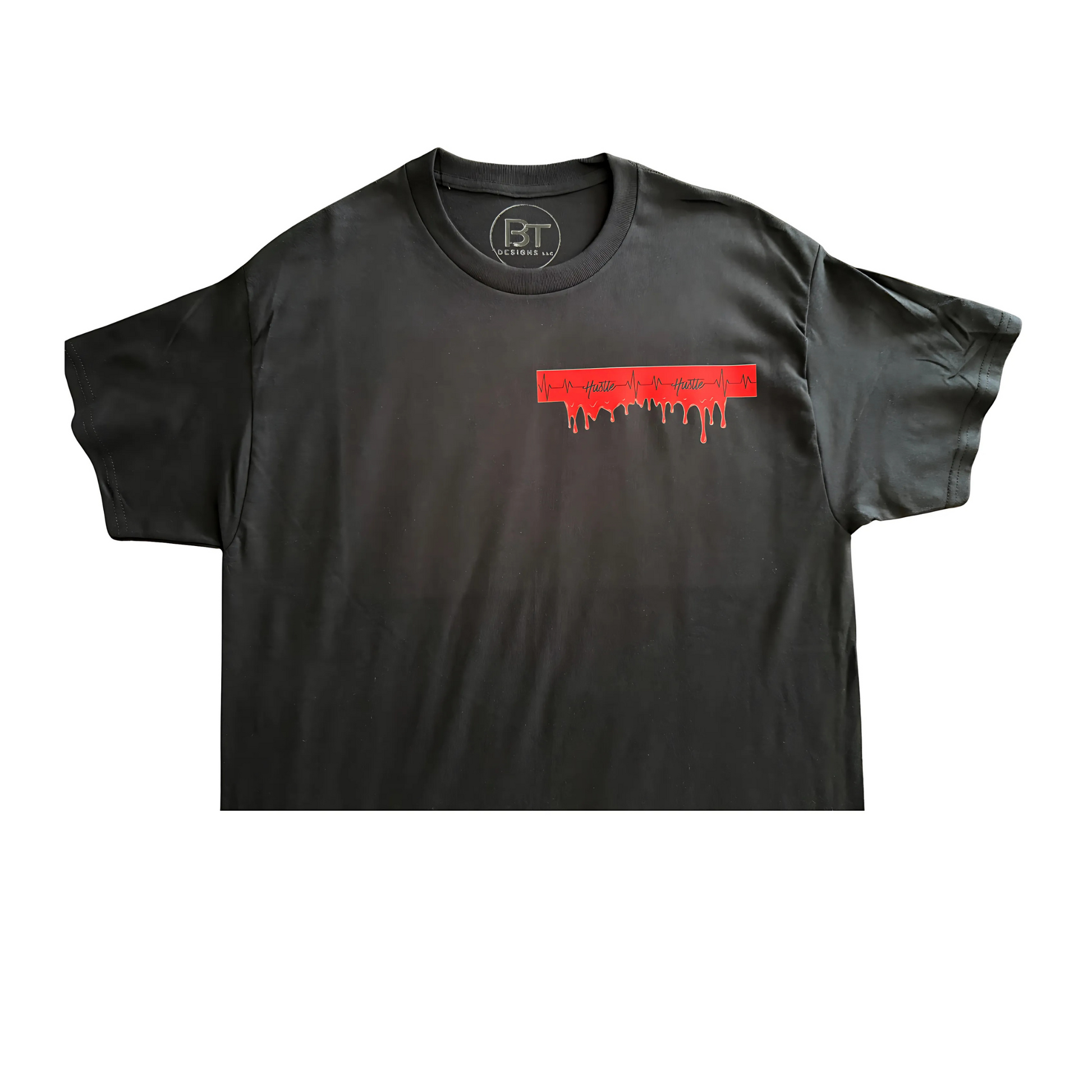 BT DESIGNS custom hustle t-shirt in black with a red drip design on the front