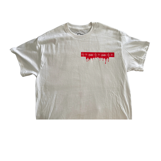 White custom hustle t-shirt featuring a red heartbeat design on the front