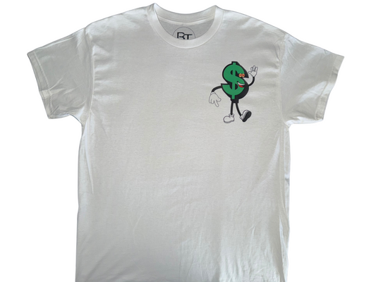 White custom money graphic t-shirt featuring a playful dollar sign cartoon design