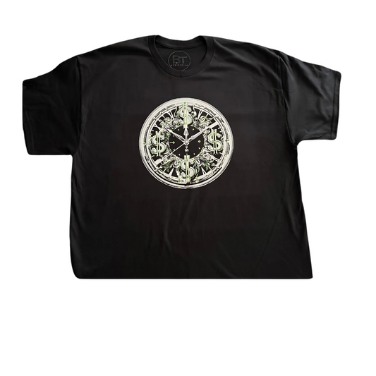 Custom time is money t-shirt featuring a unique clock design on a black background