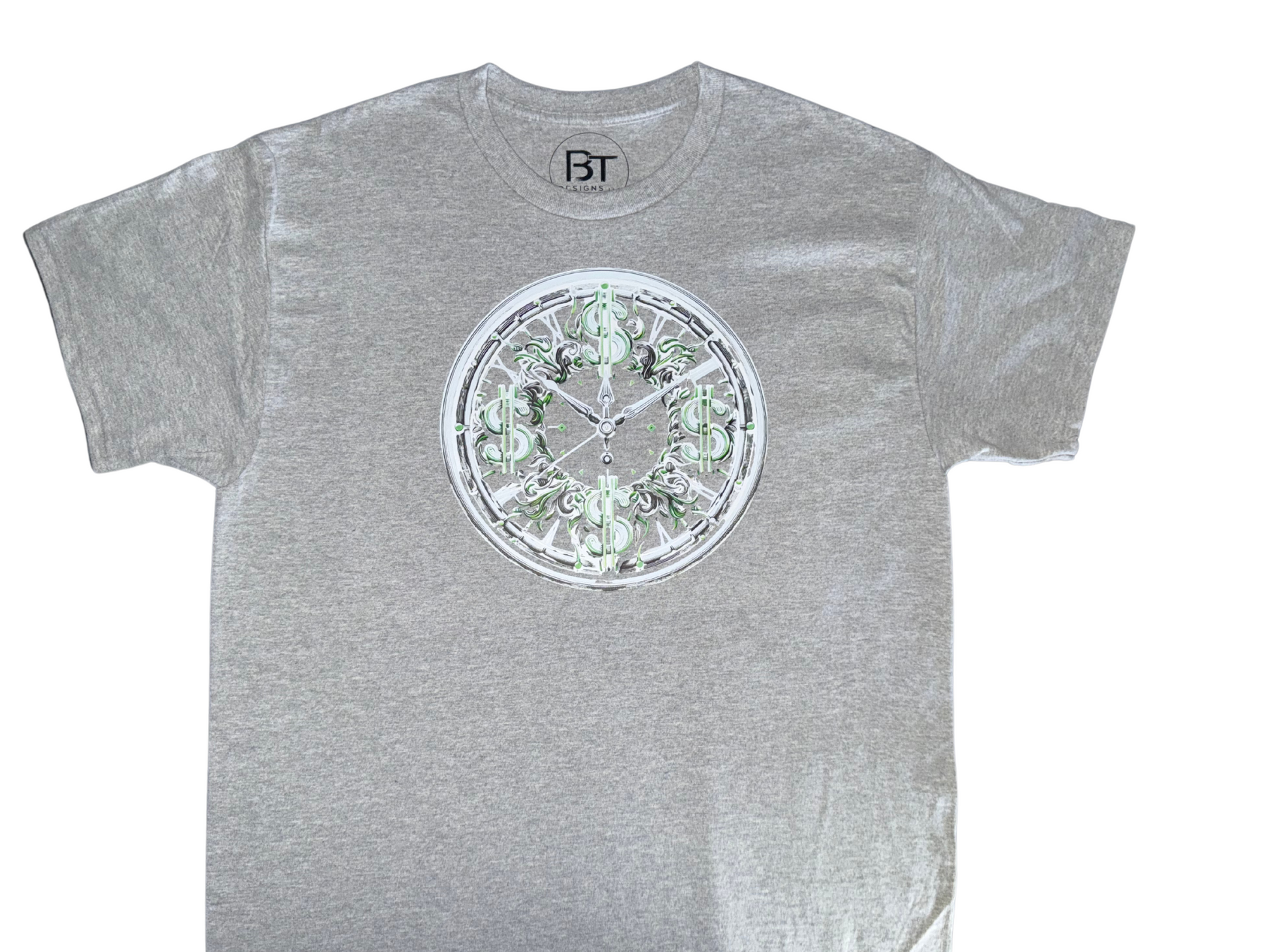Gray BT DESIGNS custom time is money t-shirt featuring a unique circular dollar design