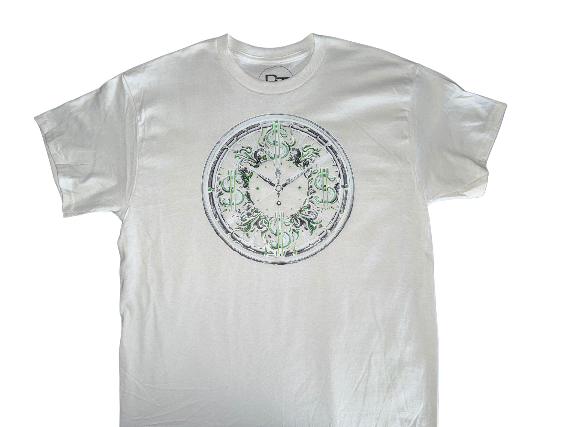 White custom time is money t-shirt featuring a decorative clock design on the front