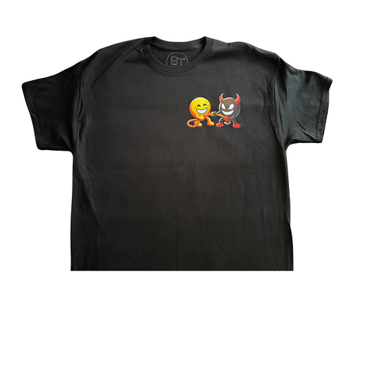 BT DESIGNS Good vs Bad graphic tee featuring colorful smiley and devil emojis