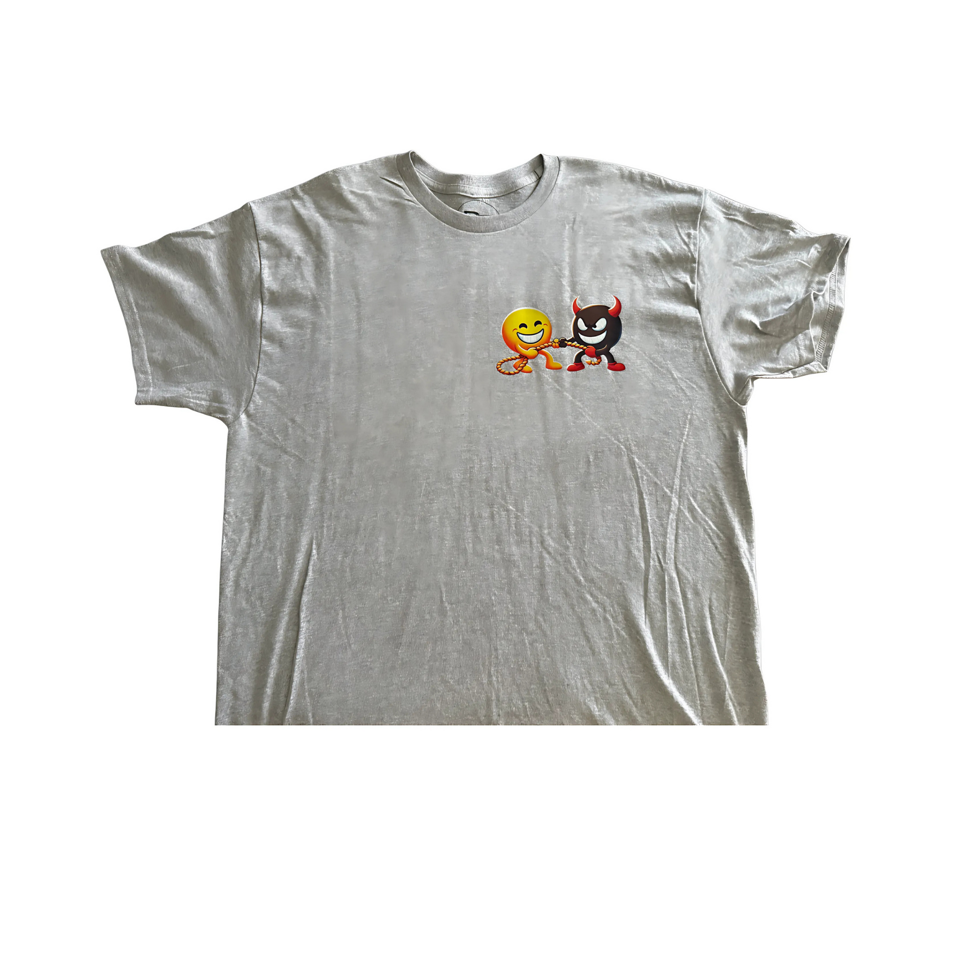 Gray BT DESIGNS Good vs Bad graphic tee featuring emoji characters in a playful design