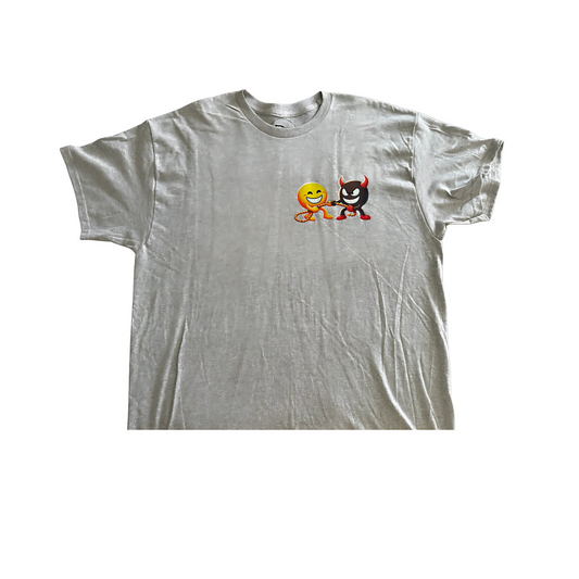 Gray BT DESIGNS Good vs Bad graphic tee featuring emoji characters in a playful design