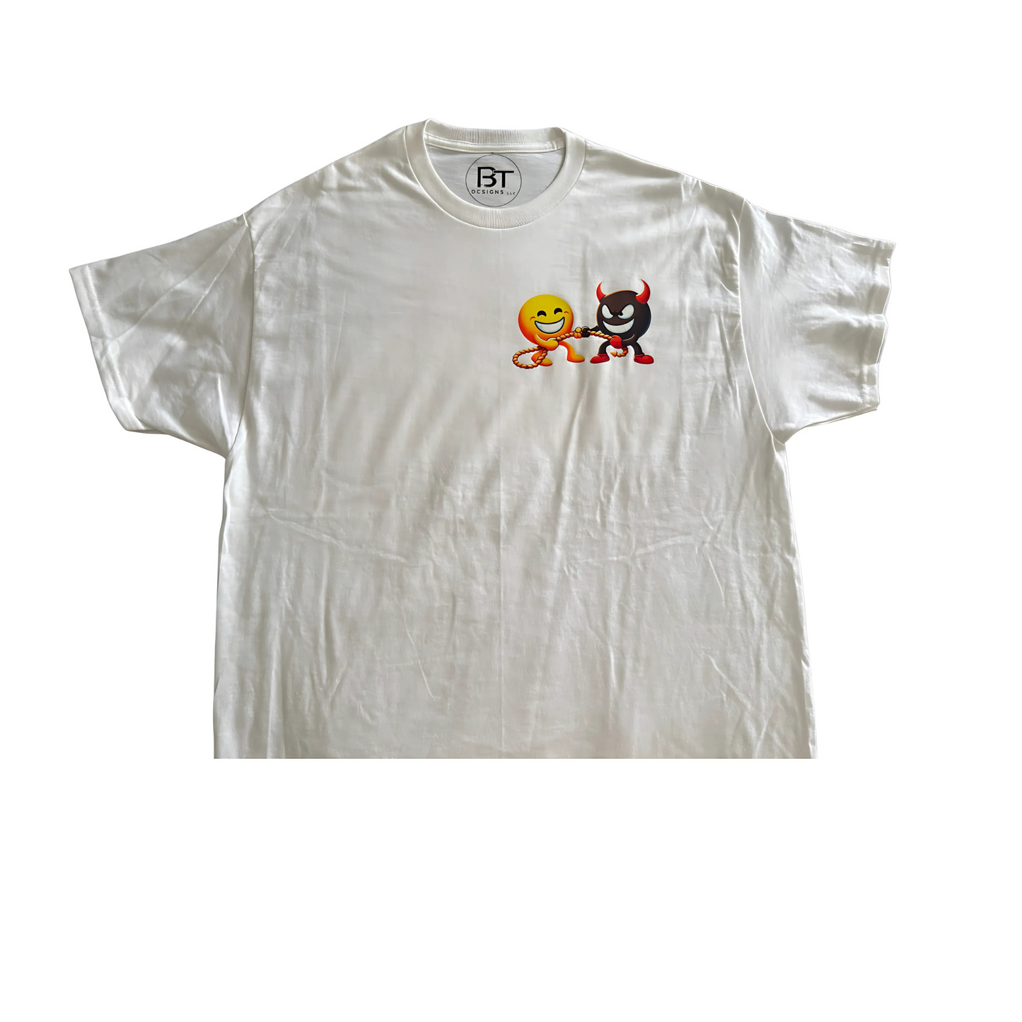 BT DESIGNS Good vs Bad graphic tee featuring emoji characters in playful design