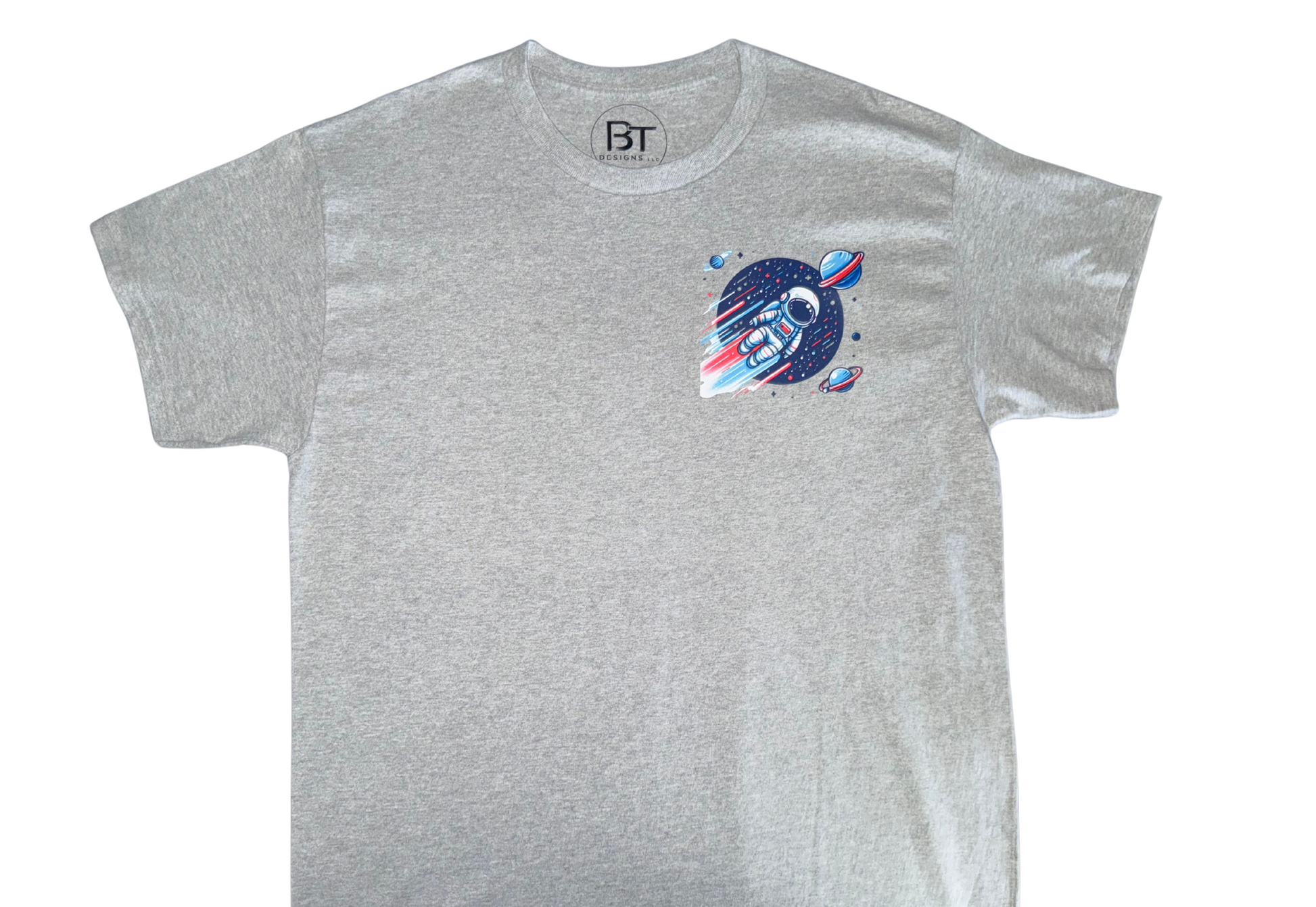 Grey short sleeve space shirt with colorful rocket and planets graphics