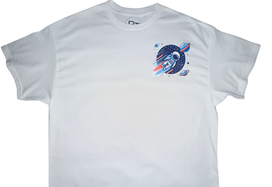 White short sleeve space shirt featuring a colorful rocket and planets design